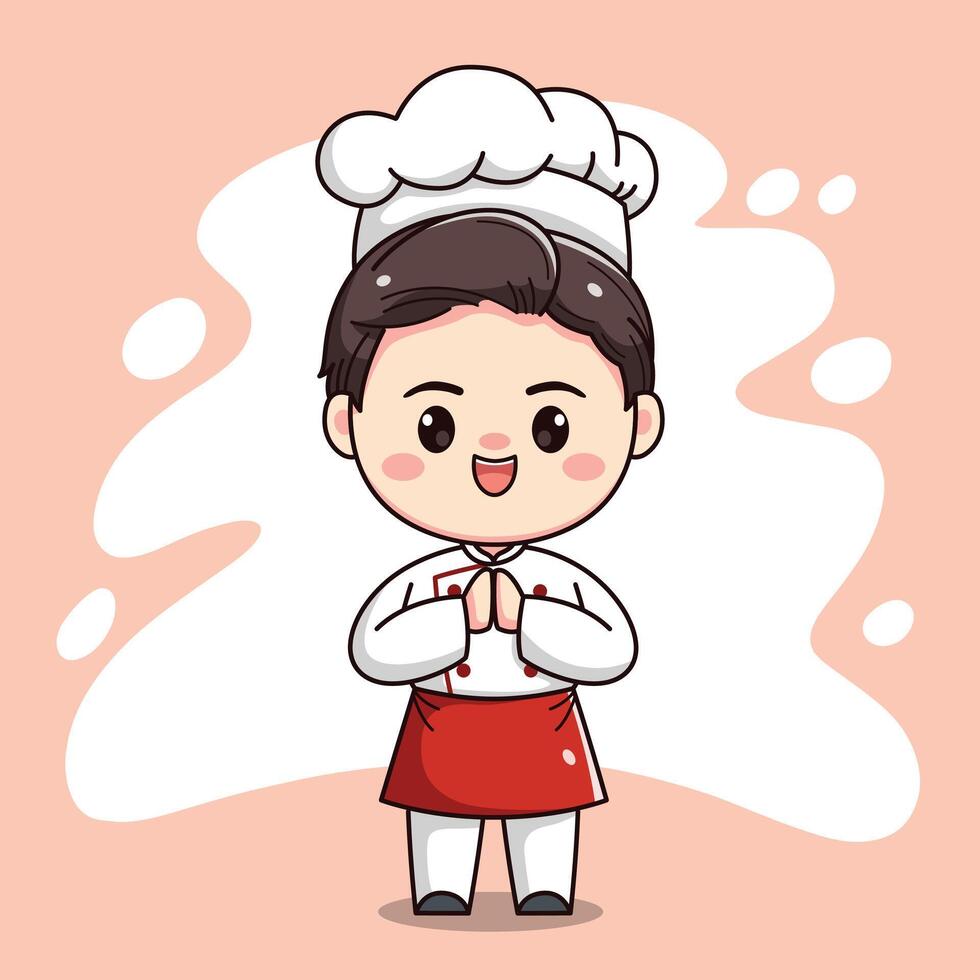 cute chef boy character with both hands vector