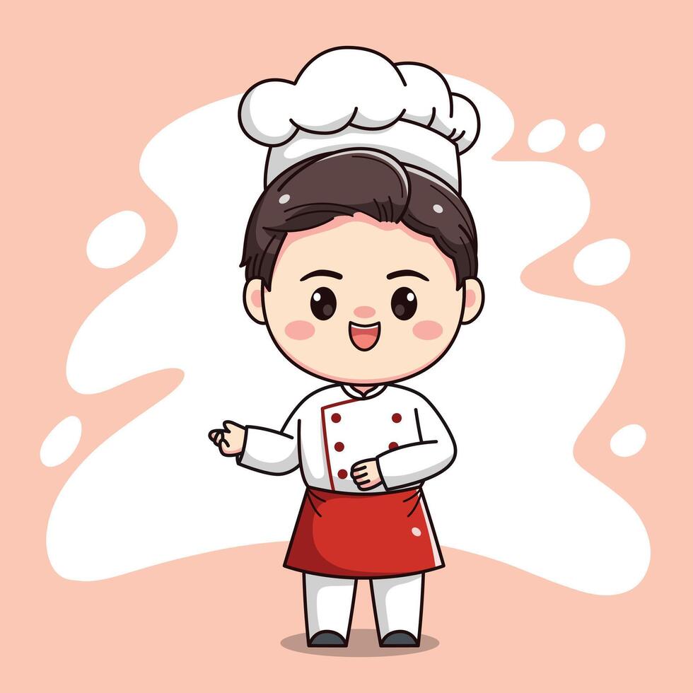 Cute chef boy character with welcoming hand vector