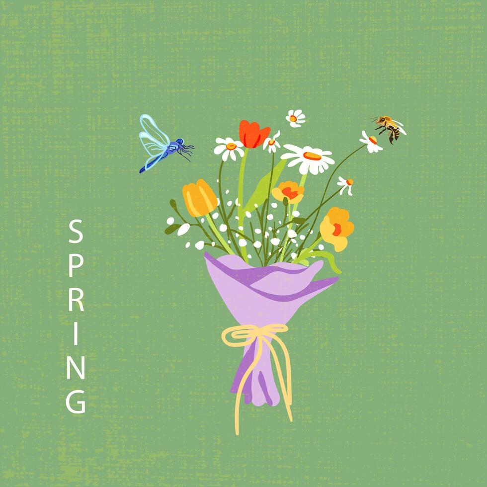 Wildflowers bouquet paper packaging textured green background. Dragonfly bee daisies tulips daisies. Spring poster square banner. illustration vector