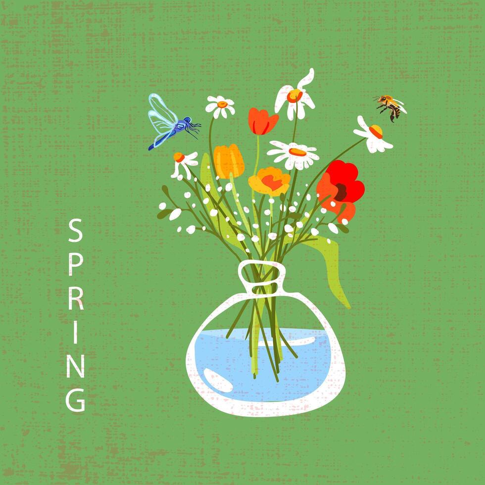 Wildflowers vase with water green textured background. Dragonfly bee daisies tulips daisies. Spring poster square banner texture. illustration vector