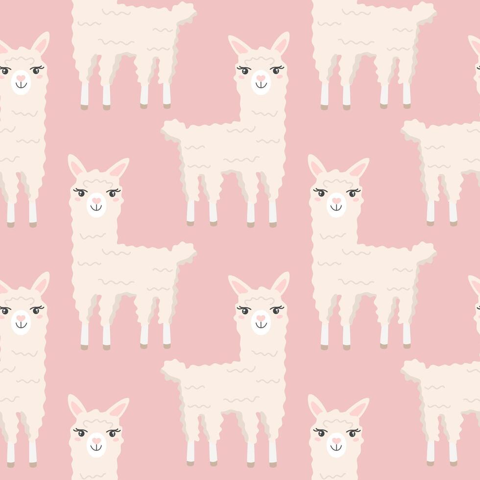 Seamless pattern with cute cartoon hand draw lama, alpaca on pink background. Design for printing, textile, fabric. vector