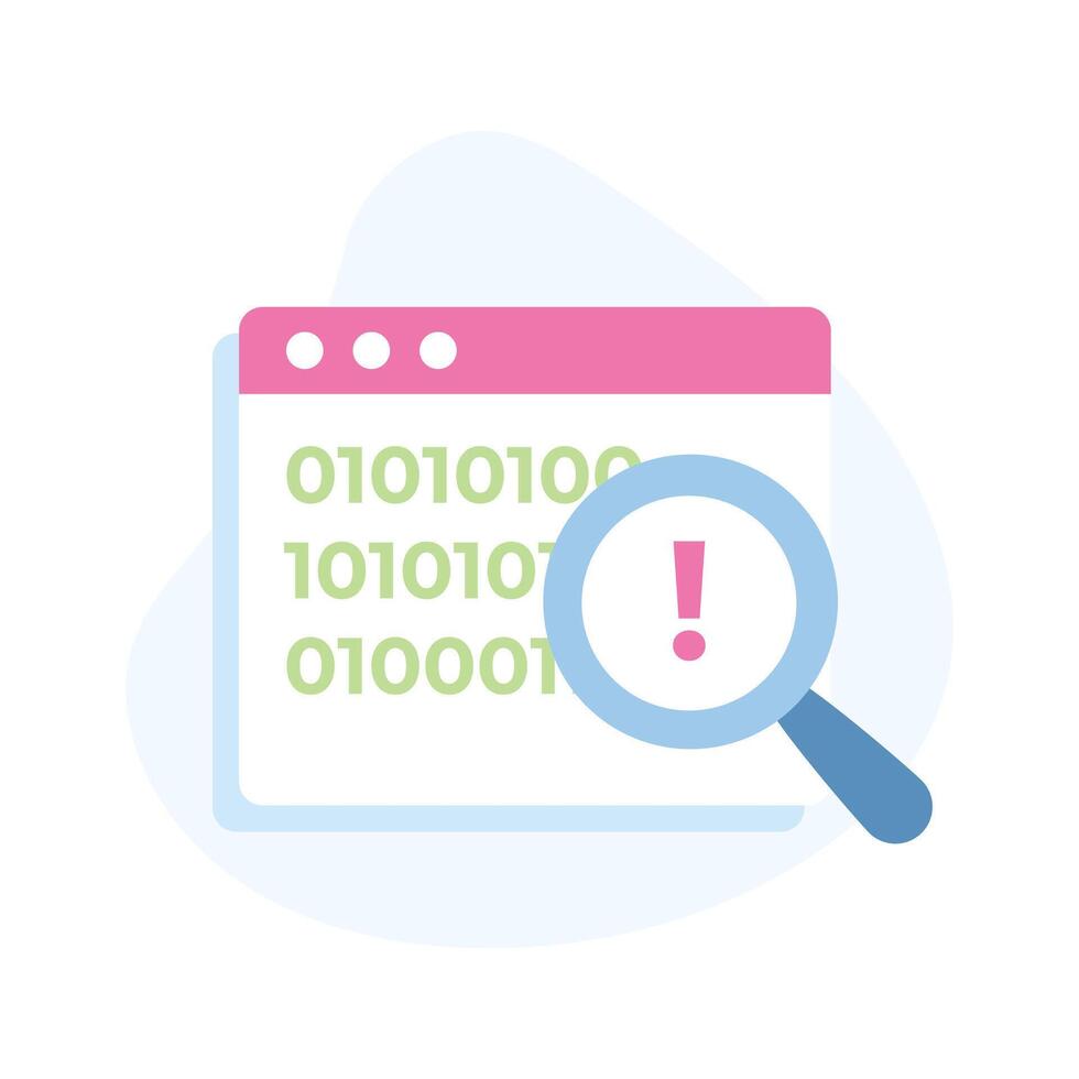 exclamación marca en lupa con página web denotando plano concepto icono de codificación error buscar vector