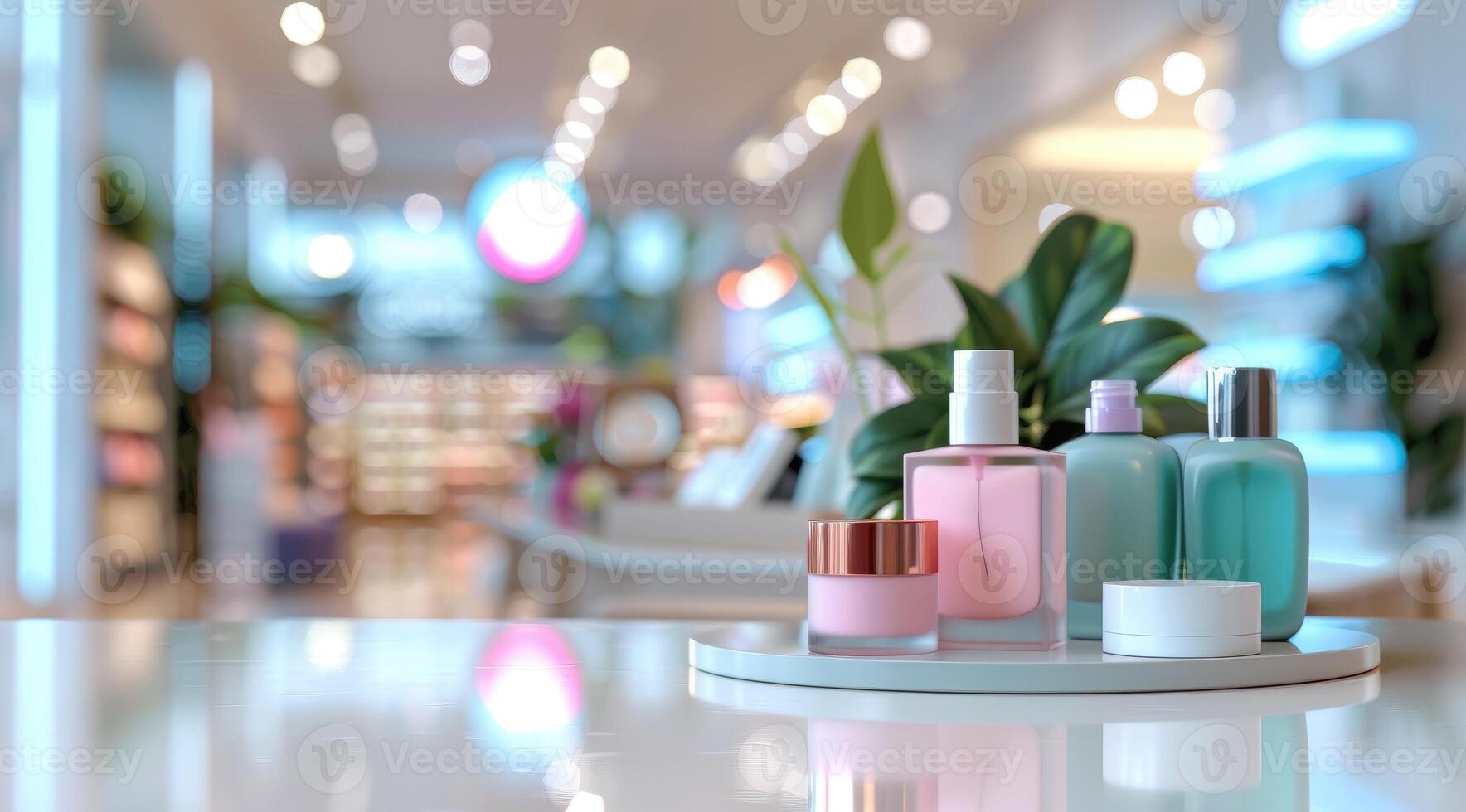 Cosmetics products on table inside shop. photo