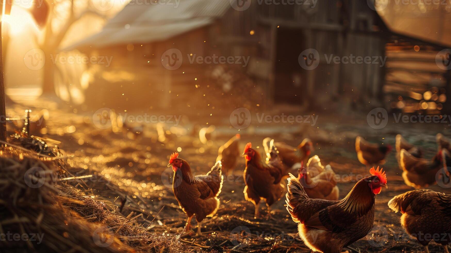A bustling farmyard scene with hens pecking at the ground, a rustic barn in the background. photo