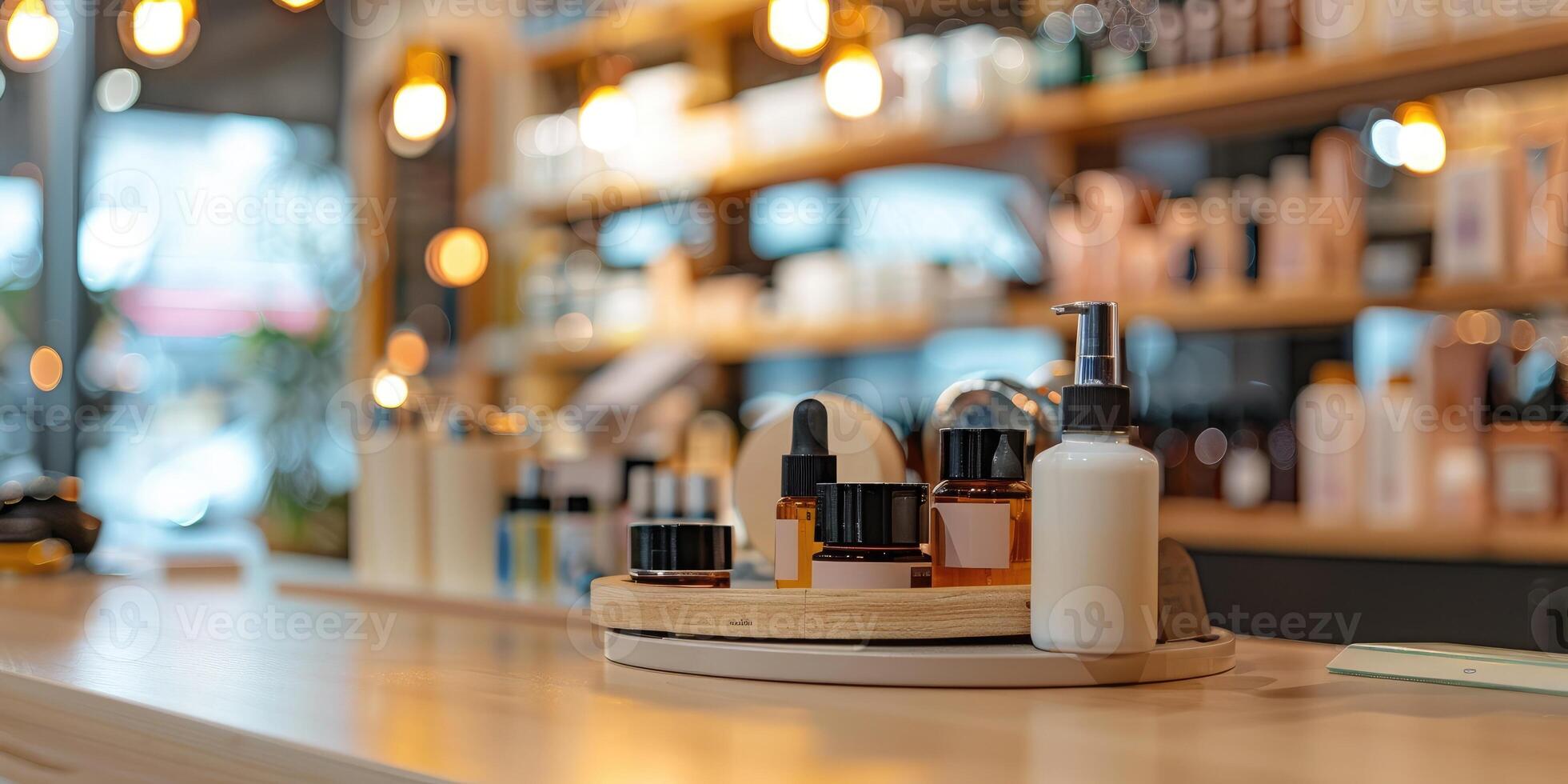 Cosmetics products on table inside shop. photo