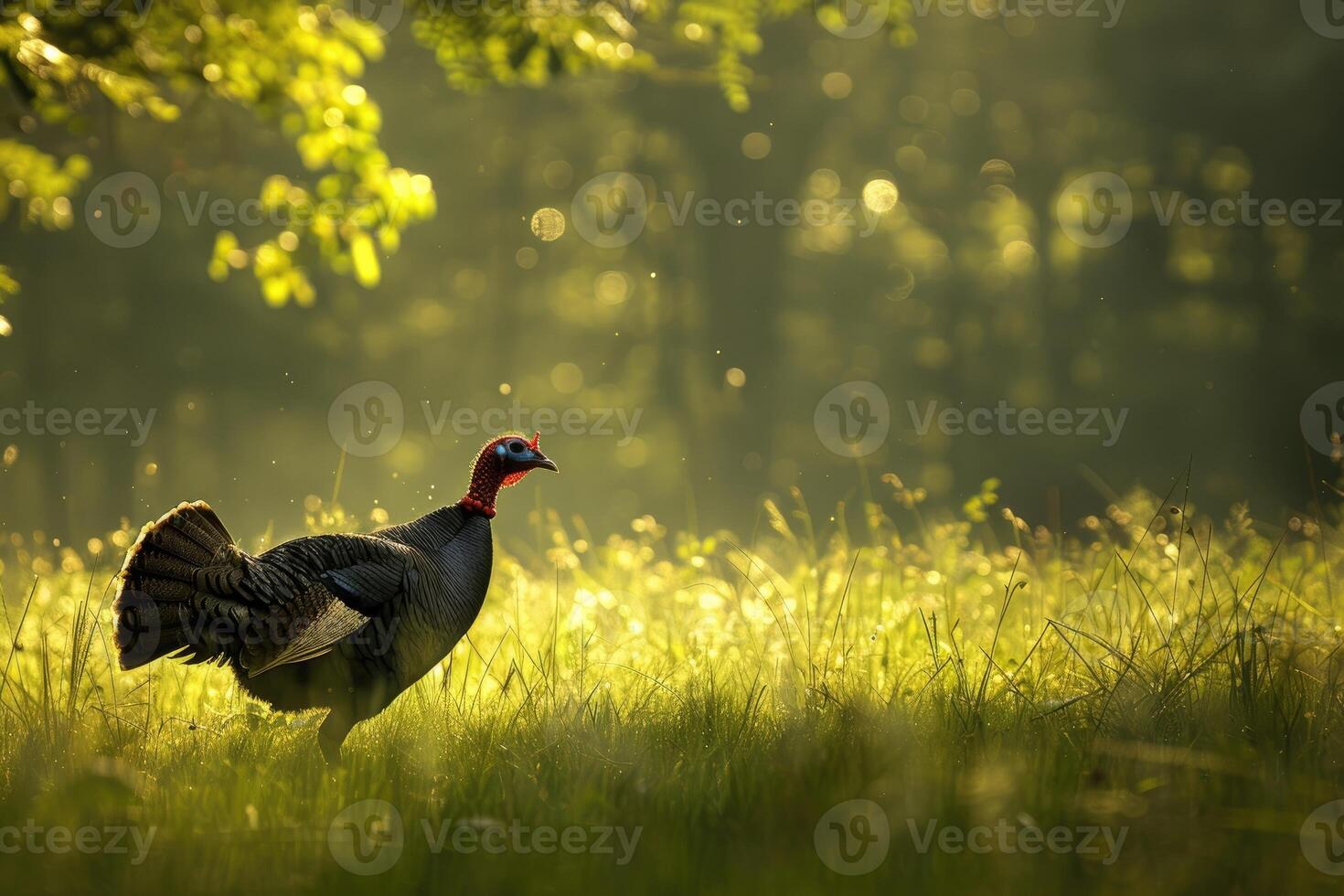 Wild turkey walks in the meadow. photo