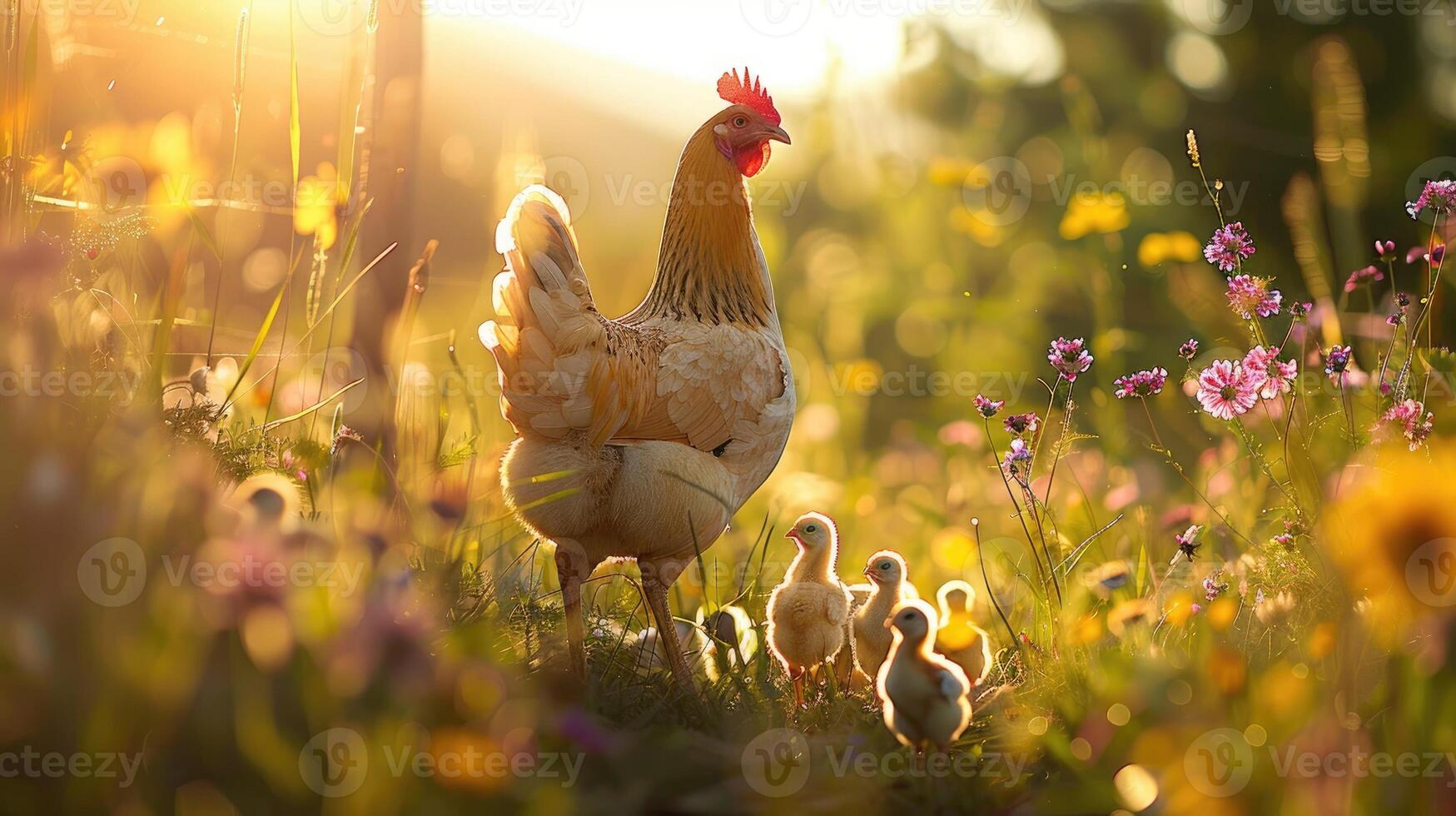 A hen with her chicks in a colorful beautiful meadow in the sun photo