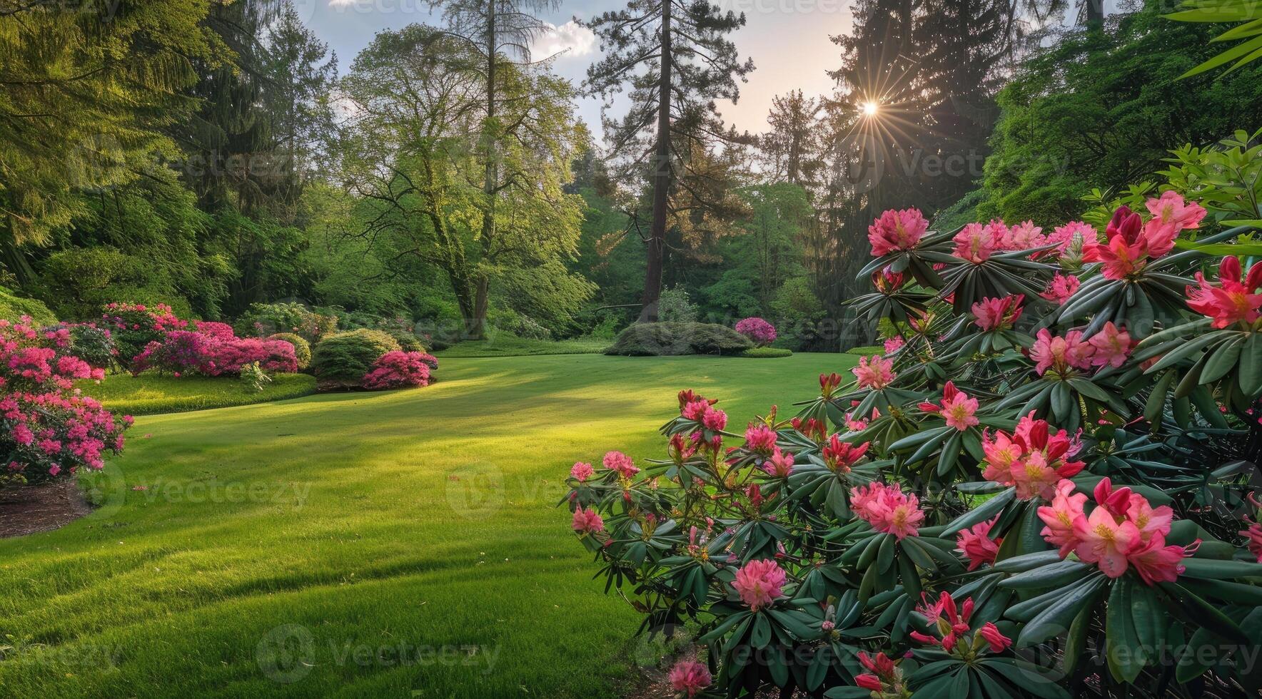 Beautiful garden with pink rhododendrons. photo