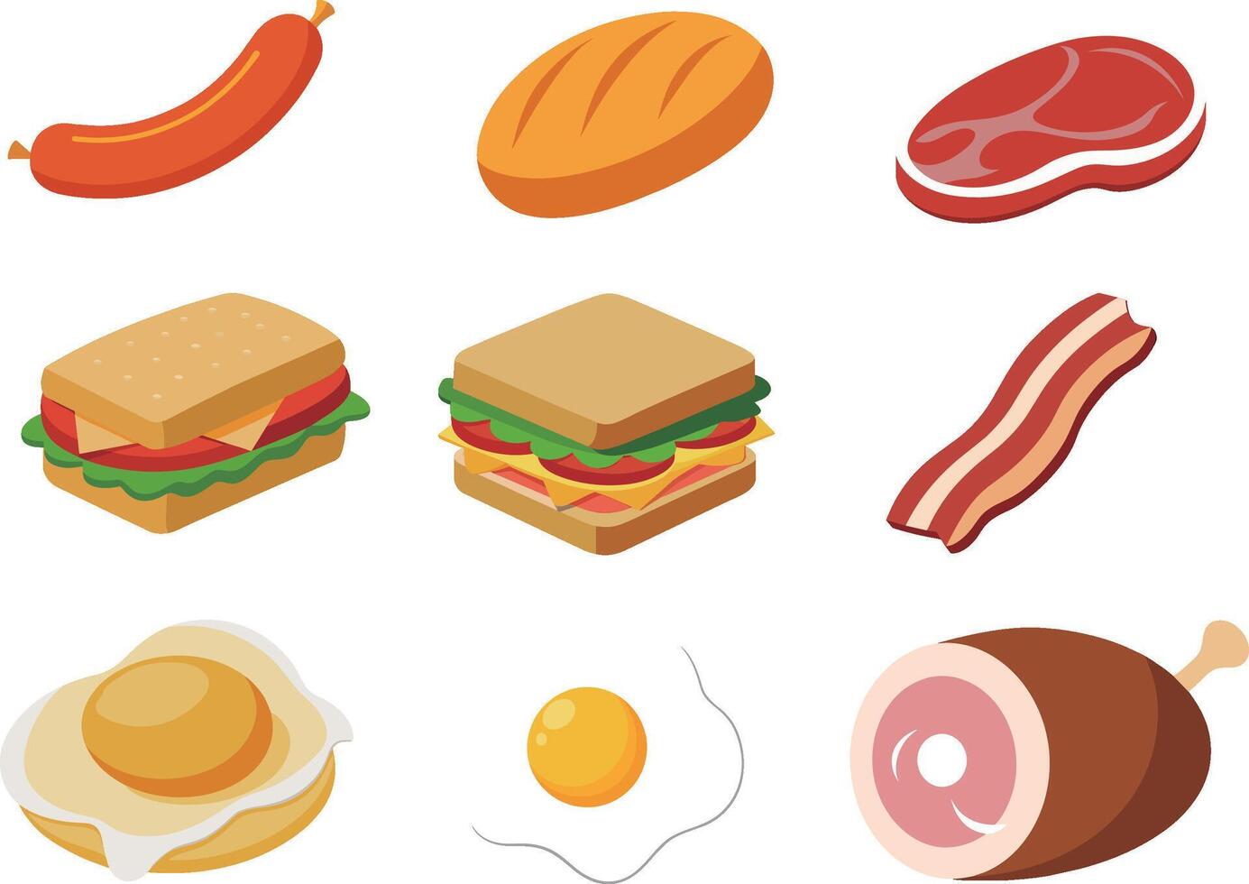 ilustración de un conjunto de comida plano , huevo, pan, sándwich, huevo Benedicto, tocino, jamón, embutido, carne vector