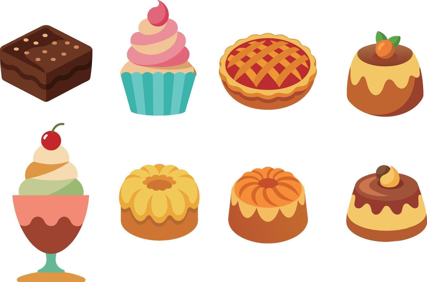 different types of desserts, pie, brownie, pudding, cupcake, pound cake, sundae vector