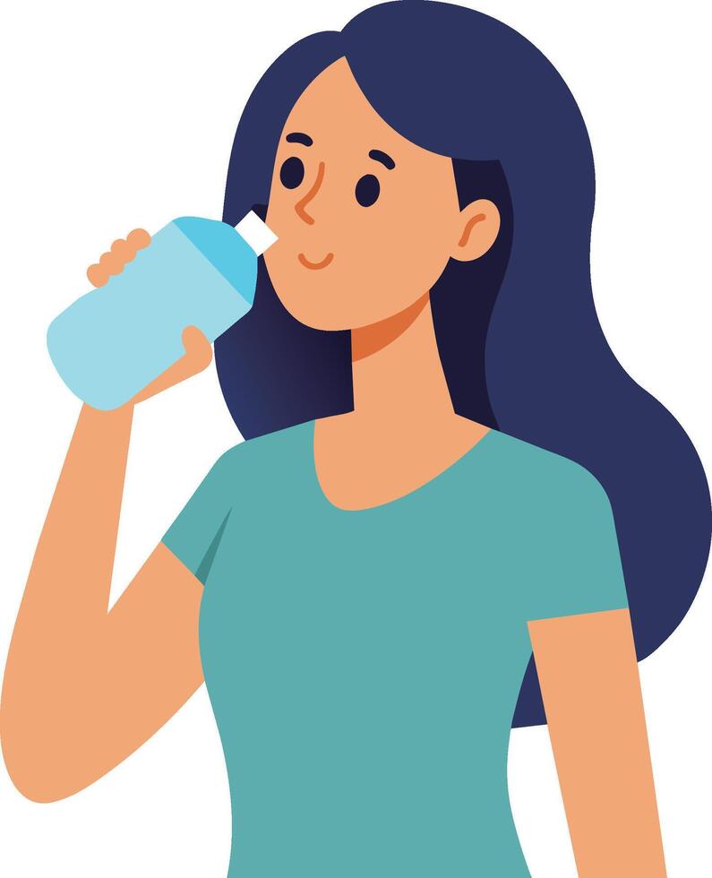 ilustración de un mujer sediento y Bebiendo agua desde un botella vector