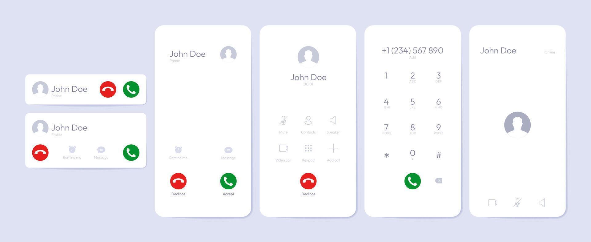 Phone call screen template. Mobile smartphone with touchscreen dialing and answering interface, smartphone app UI mockup. set vector