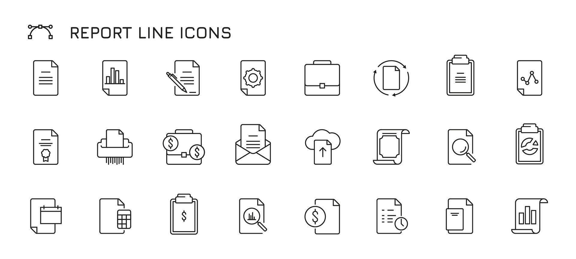 Report line icons. Check mark, tick, download and upload, data analyze and generate, graph and chart, document and research. infographic symbols vector