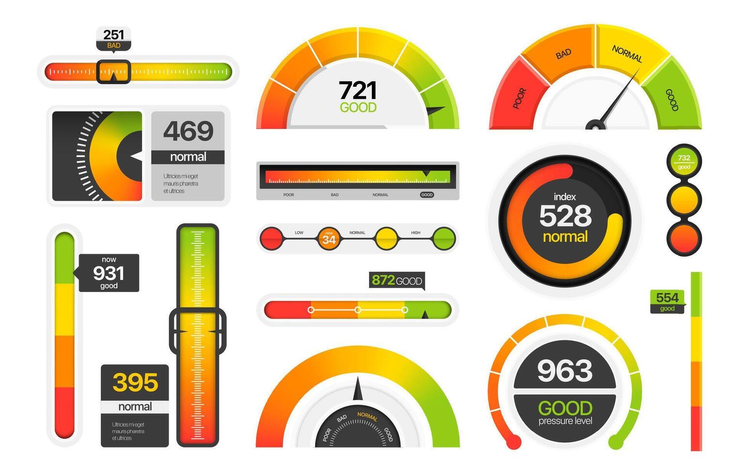 Gauges measuring scale. Tachometer dial speedometer bar graph, progress bar and score level indicators. infographic elements vector