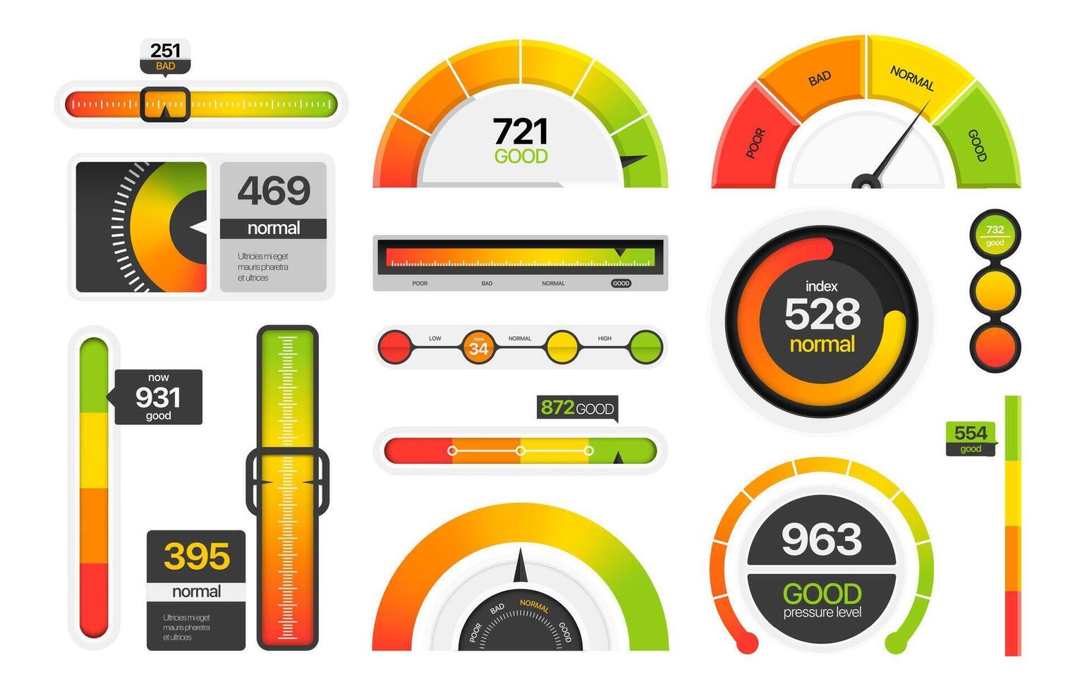 medidores medición escala. tacómetro marcar velocímetro bar grafico, Progreso bar y Puntuación nivel indicadores. infografía elementos vector