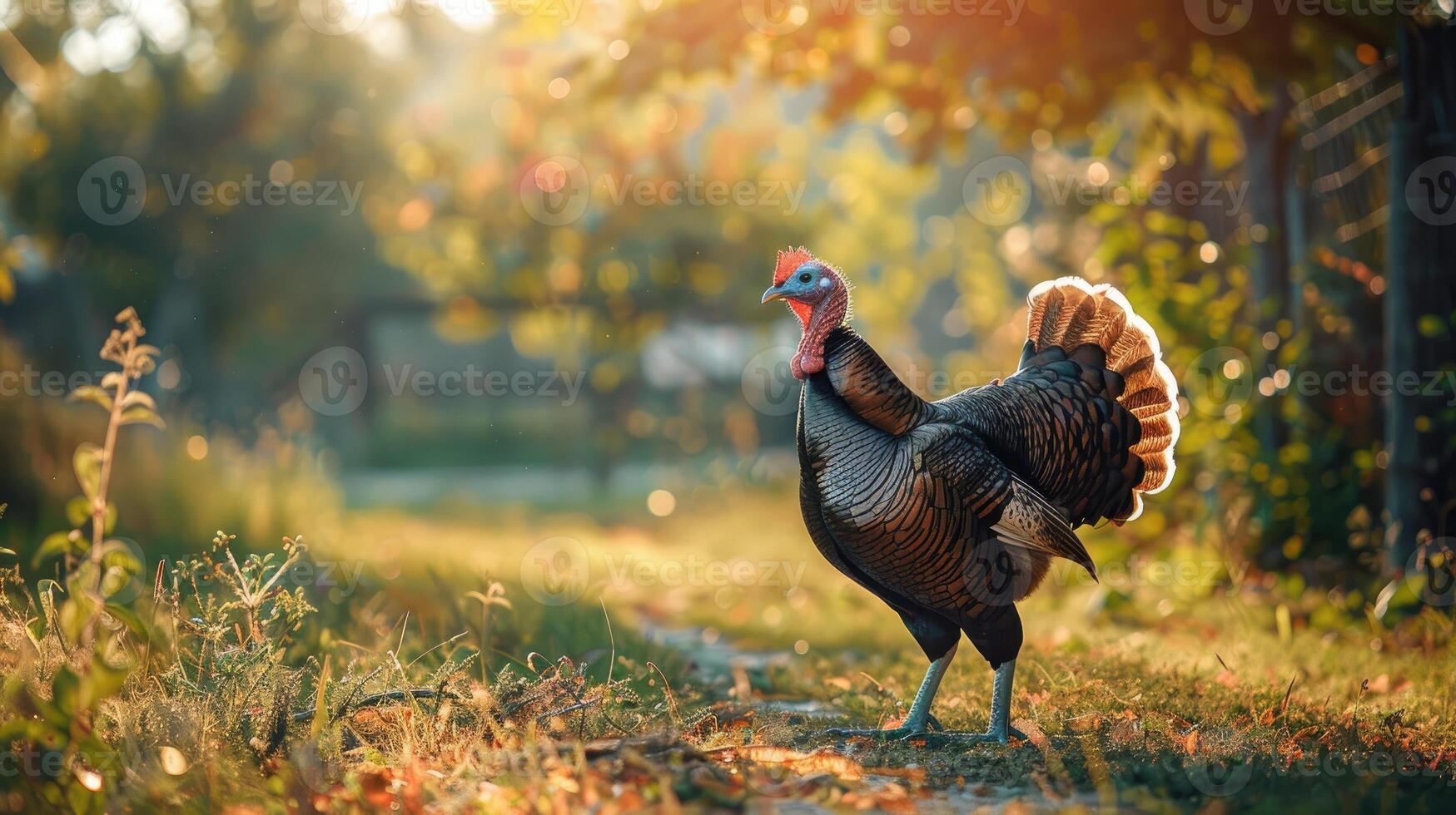 Wild turkey walks a rustic farmyard. photo