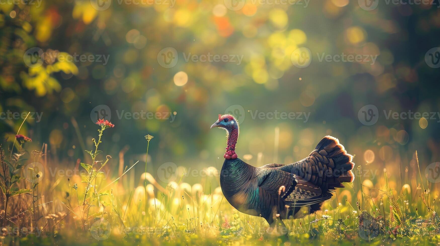 Wild turkey walks in the meadow. photo