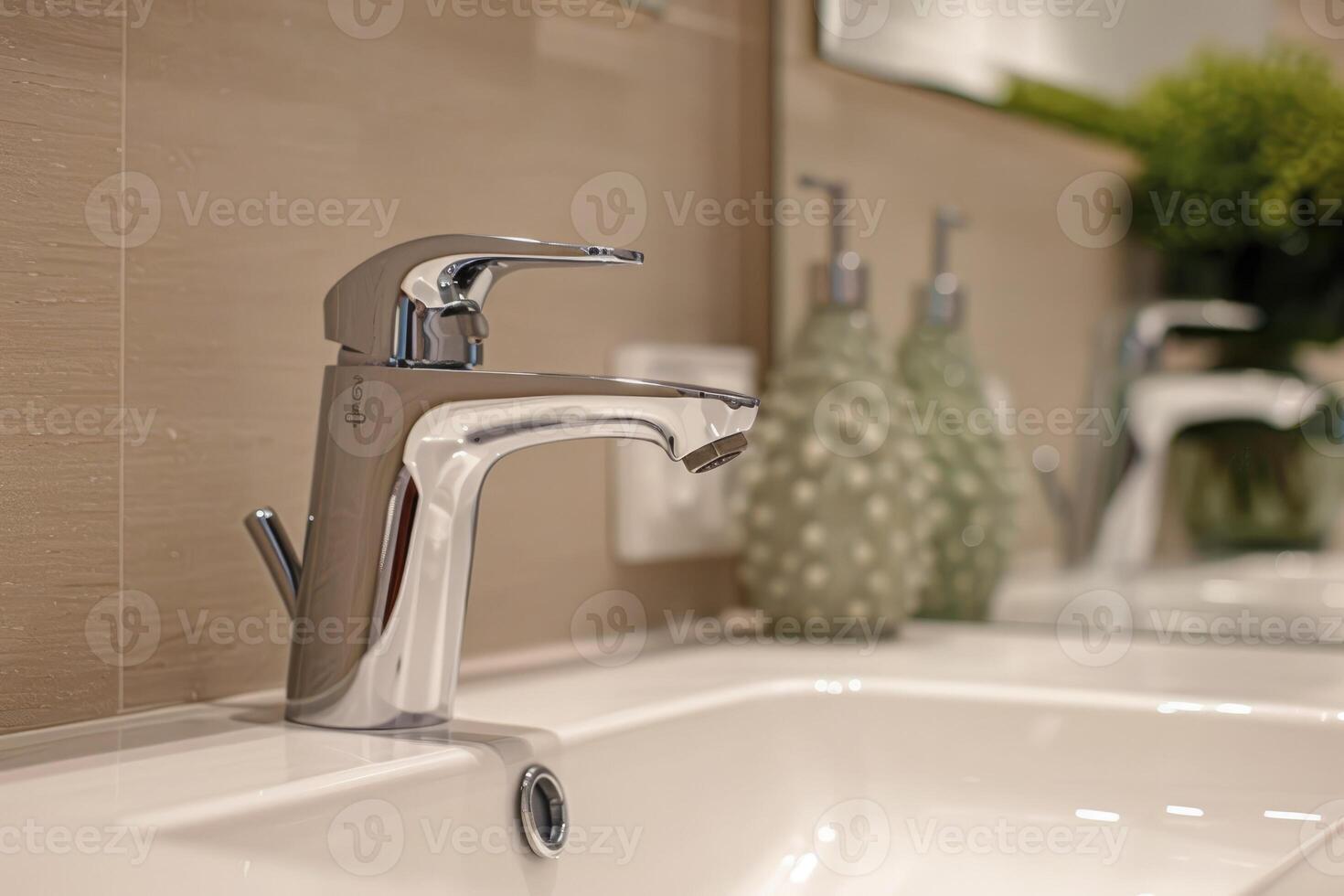 A close-up of a modern sensor tap in a high-quality bathroom setting, showcasing the sleek design and innovation of water conservation. photo