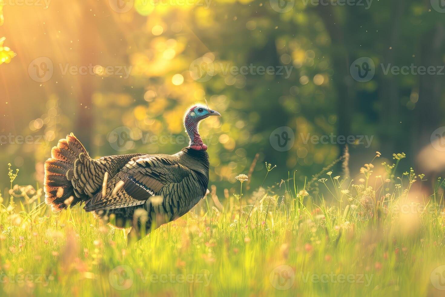 Wild turkey walks in the meadow. photo