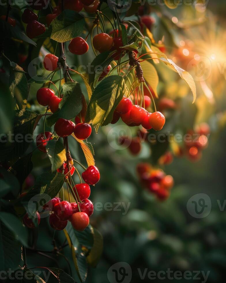 A cluster of ripe red cherries hang from the branches of a tree. photo