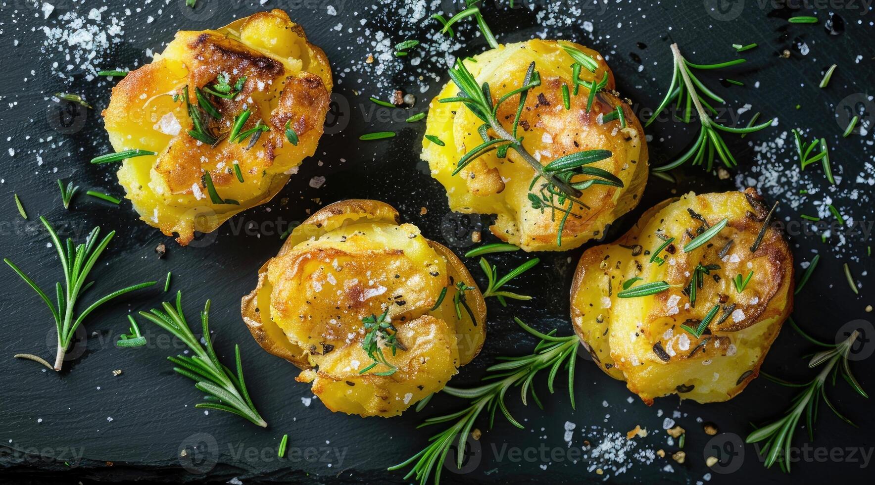 Crushed, smashed potatoes baked with rosemary and thyme. Black background. Top view. photo
