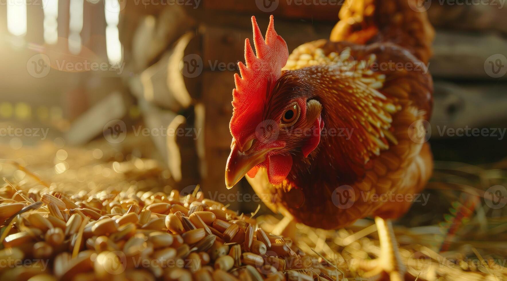 Chicken eats feed and grain at eco chicken farm photo