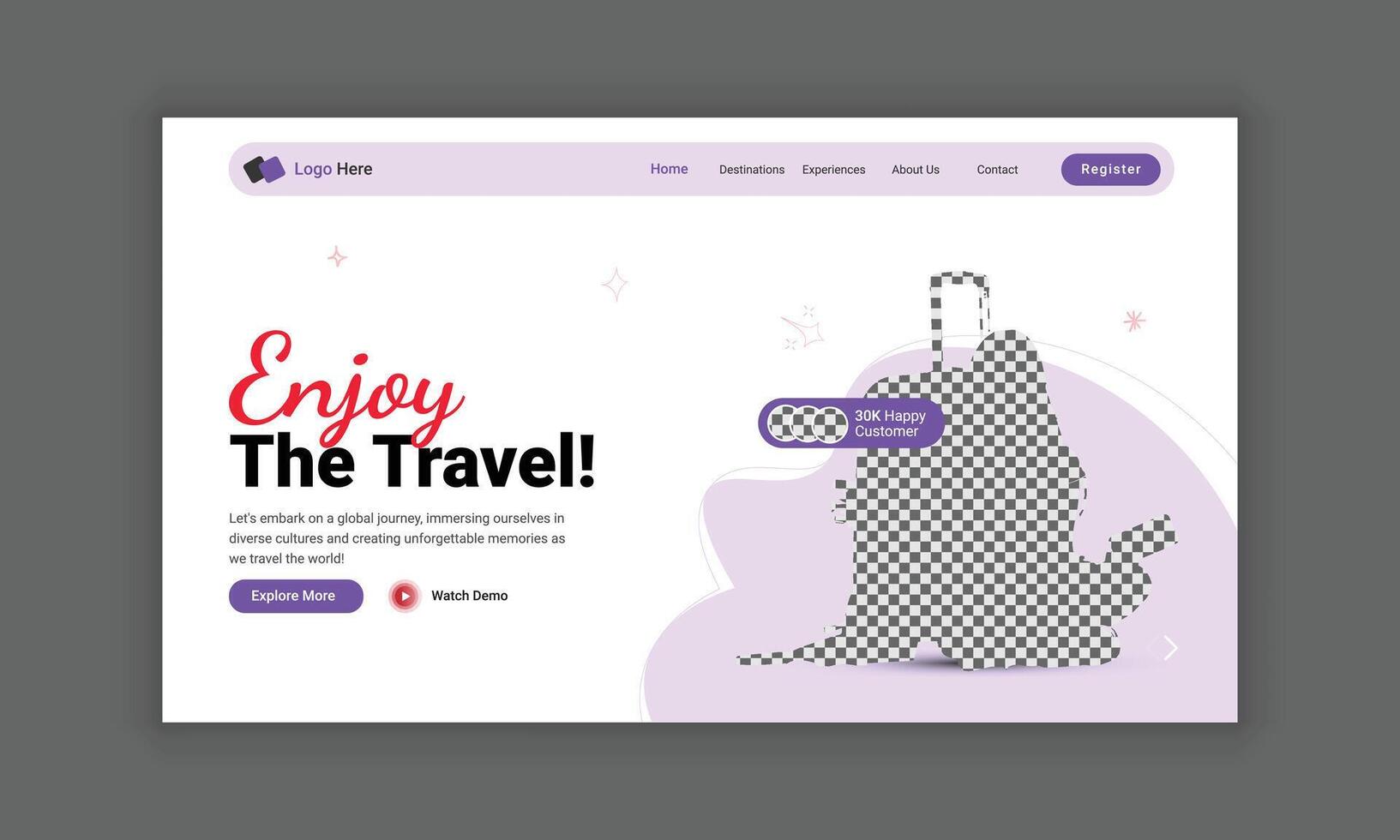 Website header design for a travel agency or travel landing page template, hero section design for a travel business, web design for traveling vector