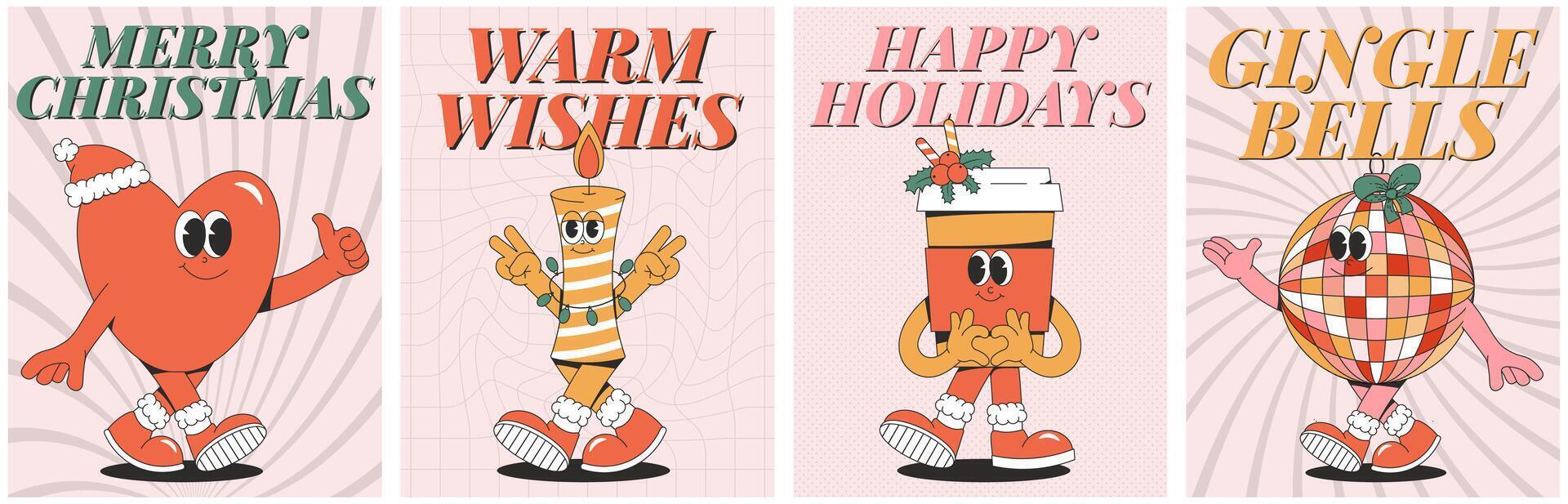 Merry Christmas and Happy New year poster set. Playful and cheeky characters in trendy groovy style. Retro cartoon elements and shapes. illustration vector