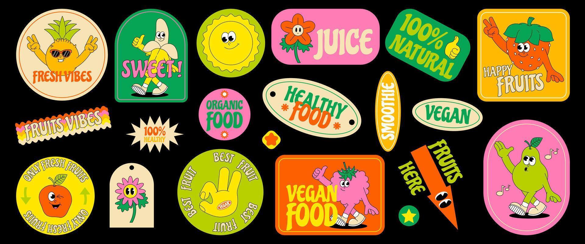 Funny Fruits. Retro groovy sticker and patch. Comic characters of strawberry, banana, watermelon, apple, slogan, quotes and other elements. Summer illustration. vector