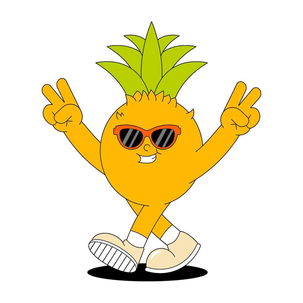 Fruit summer character Pineapple. Retro groovy patch. Trendy sticker with funky comic mascot. illustration 60s, 70s style. vector