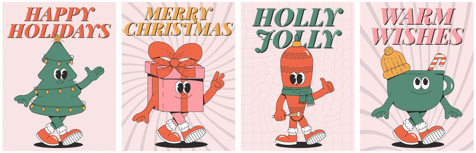 alegre Navidad y contento nuevo año póster colocar. juguetón y fresco caracteres en de moda maravilloso estilo. retro dibujos animados elementos y formas ilustración vector