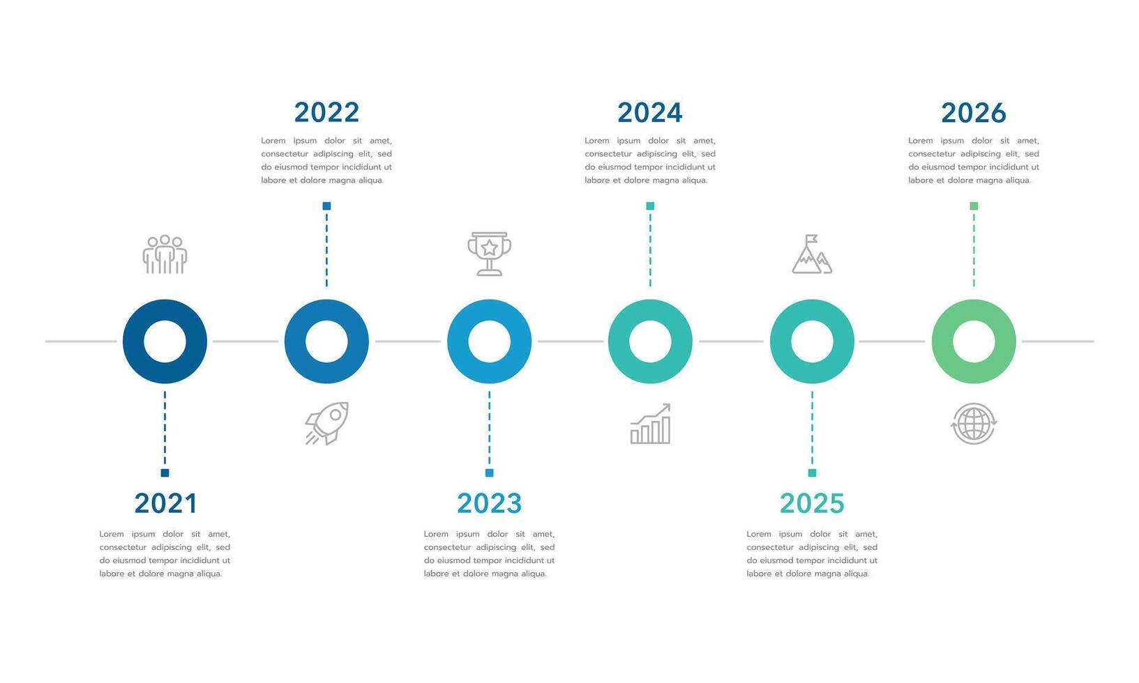 Minimal 6 Steps Infographic Timeline Template Presentation with Circular Elements, Icons and Text Boxes. vector