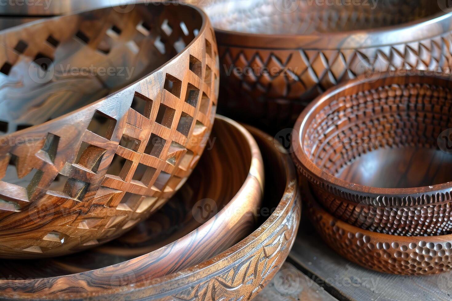 Handcrafted wooden bowls on a table photo