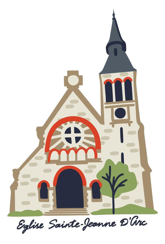 Church of Saint Joan of Arc. French church. Region Nord-Pas-de-Calais, north of France. isolated illustration with lettering vector