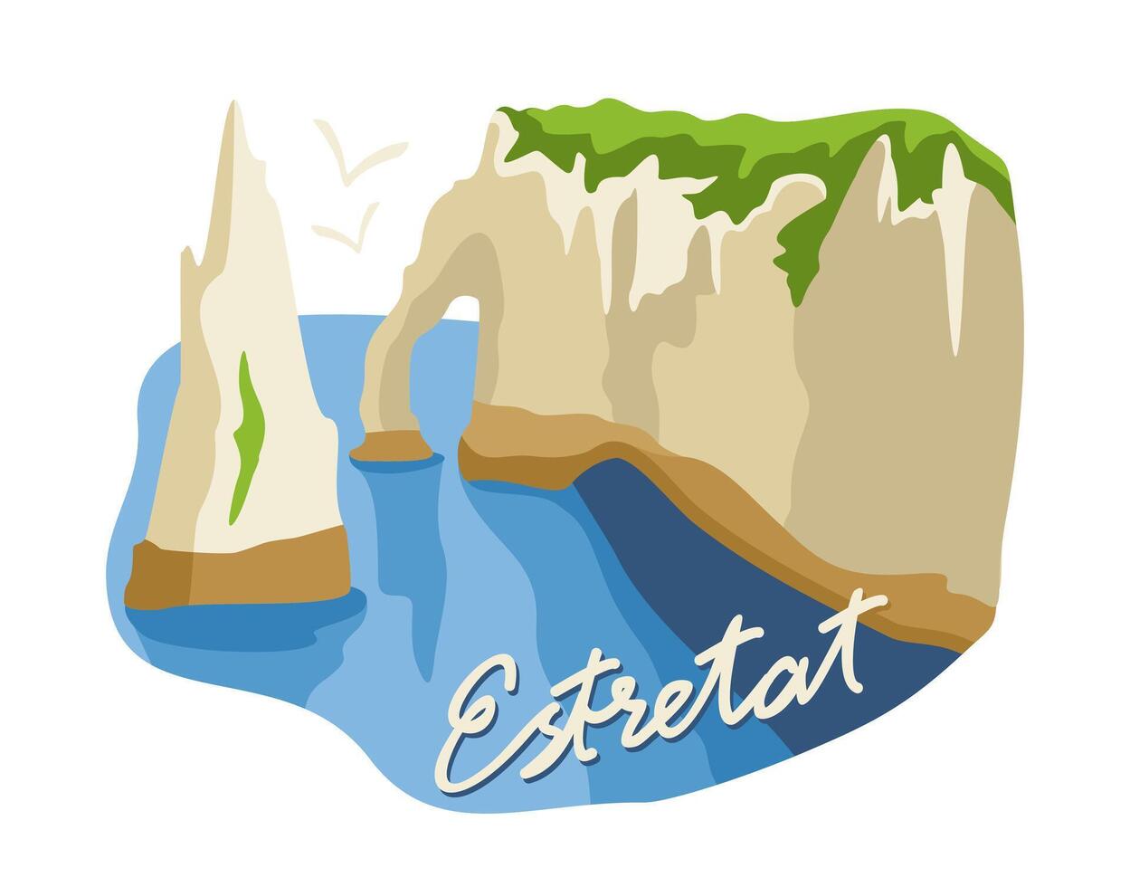 White cliffs of Estretat village. Upper Normandy. France. seascape with lettering isolated on white background vector