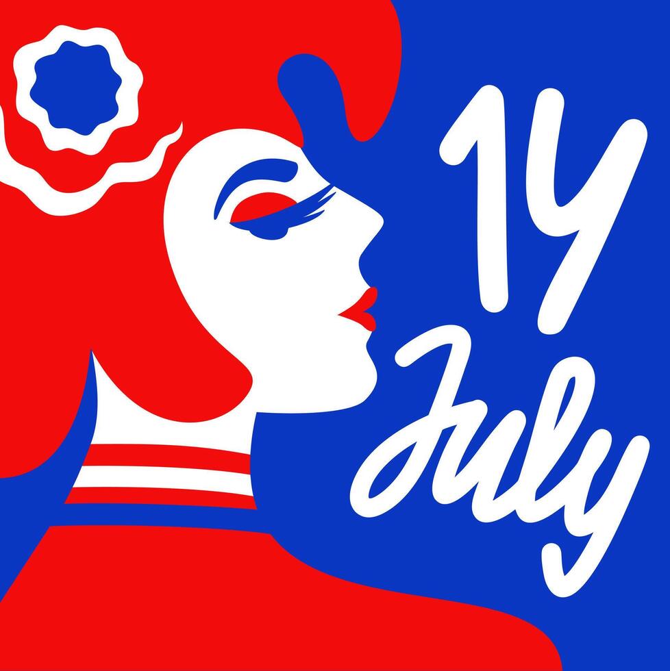 Woman in phrygian cap. Minimalistic isolated illustration in colors of french flag with lettering. 14 July. Bastille Day vector