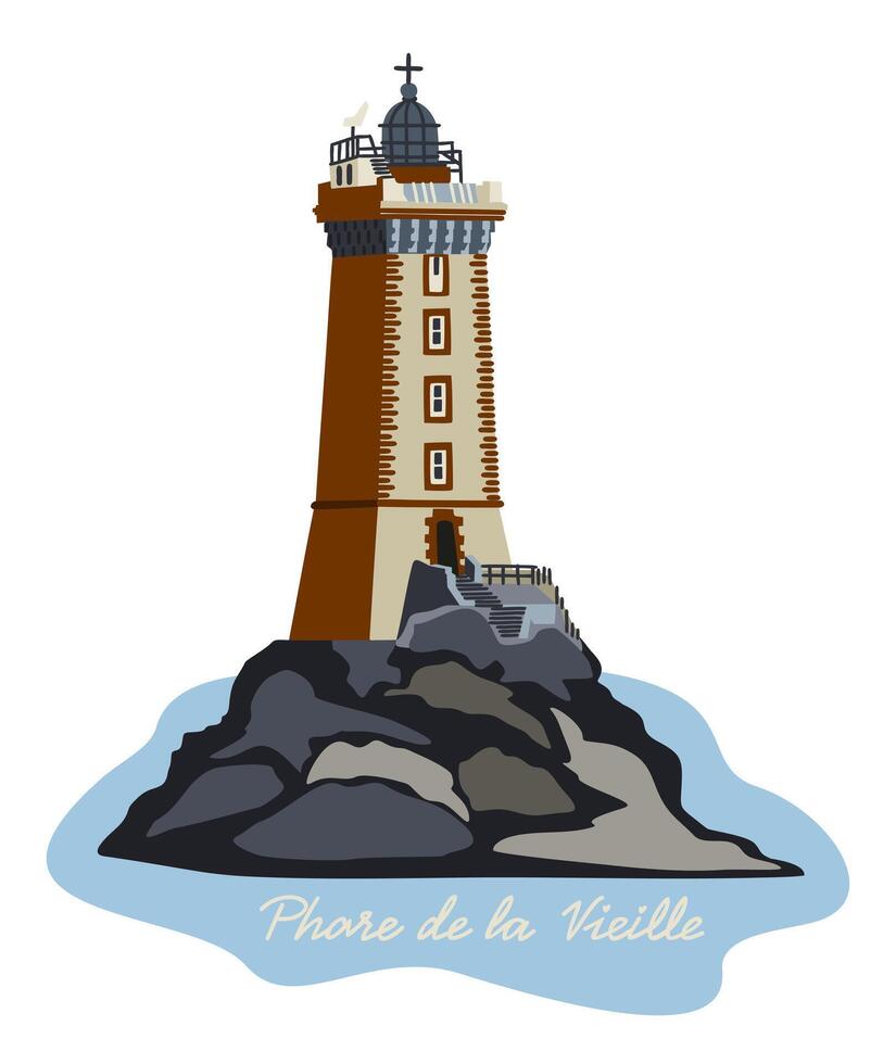 La Vieille Lighthouse. isolated illustration with lettering. Brittany region, France vector