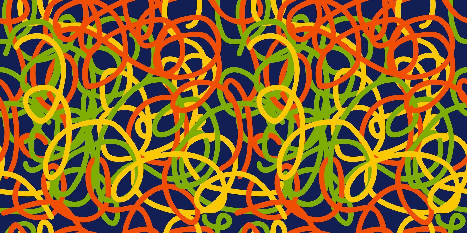 seamless abstract pattern with colorful curly lines on dark blue background vector