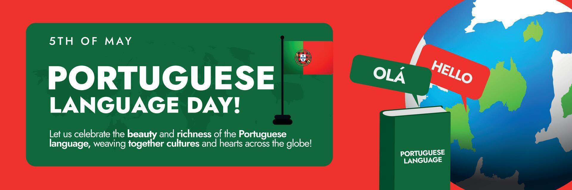 Portuguese Language Day. 5 May Portuguese language day social media cover banner in green and red colour with book icon and Portugal table flag. Portugal language cover banner vector