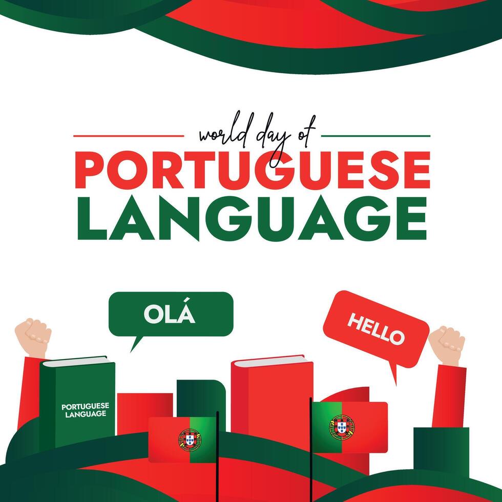 5to mayo mundo día de portugués idioma. portugués idioma día social medios de comunicación conciencia bandera con ola y Hola habla burbujas muñeca manos levantamiento en portugués bandera color. rojo, verde elementos vector