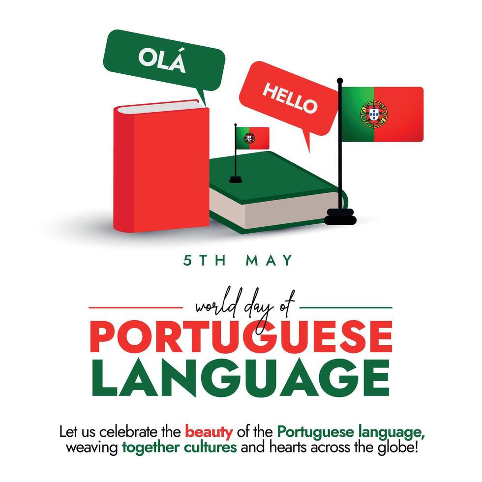 5th May world day of Portuguese Language. Portuguese Language Day social media awareness banner with Ola and Hello speech bubbles. Wrist Hands raising in Portuguese Flag colour. Red, Green elements. vector