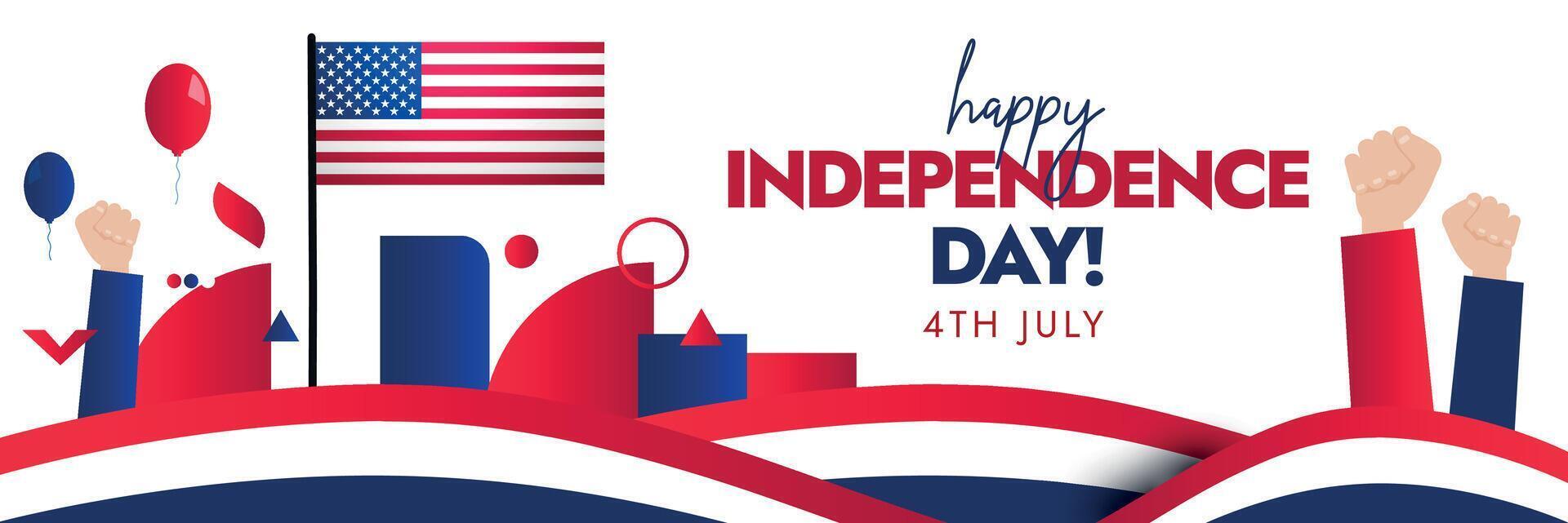 USA Independence Day. Independence Day of United states of America on 4th July with modern abstract shapes in red and blue colour. Celebration social media banner with USA Flag, balloons. vector