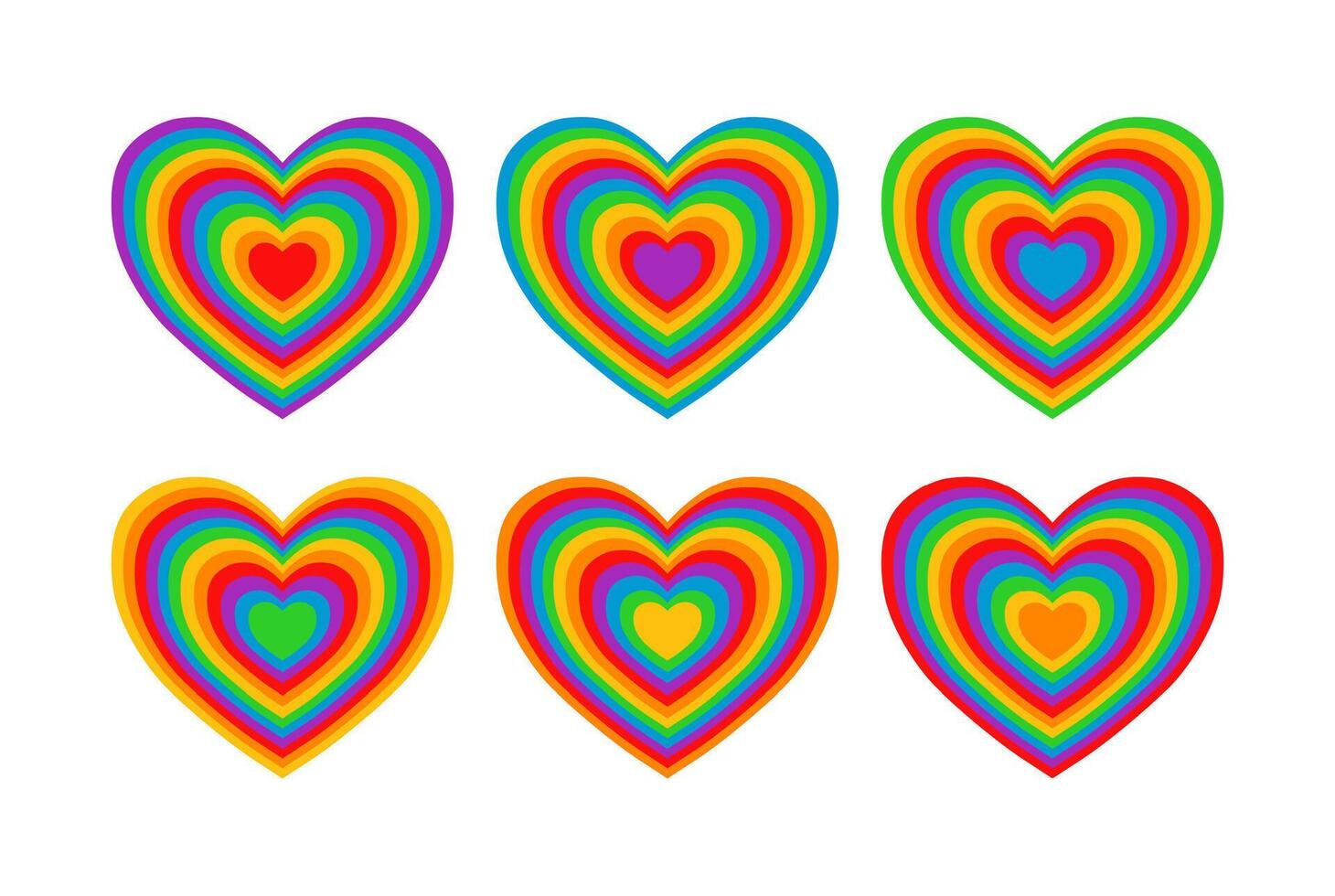 Six throbbing rainbow hearts. Decorative elements set. Illustration isolated on white. vector