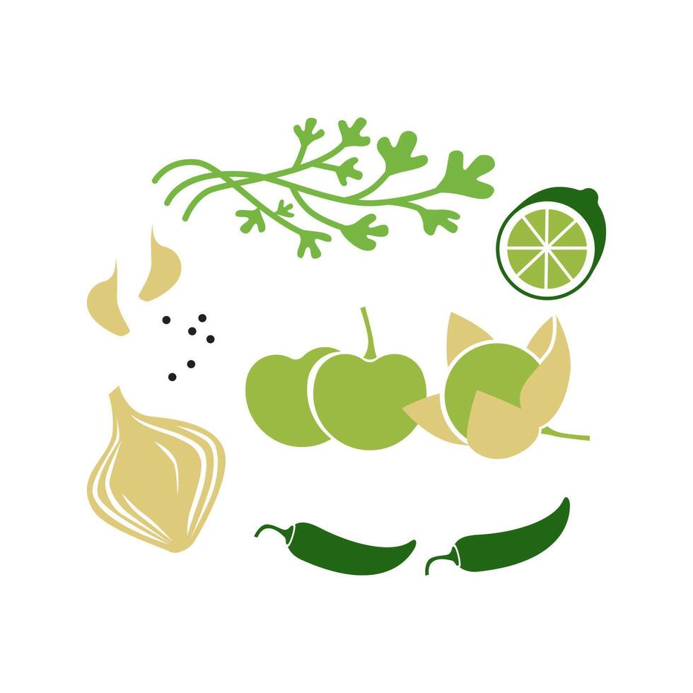 Fresh raw ingredients for salsa verde or green salsa. Flat illustration isolated on white background. vector