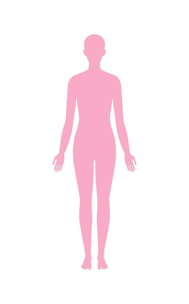 Standing female body silhouette front view. Flat illustration isolated on white. Standing slim woman, symmetrical static pose. vector
