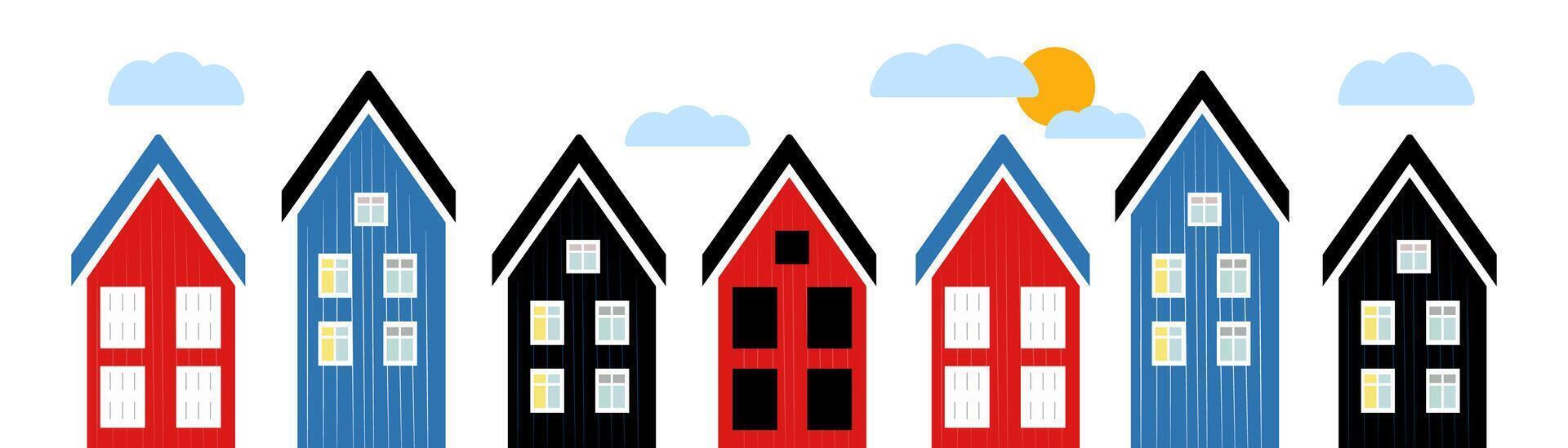 elegant houses, city buildings in Scandinavian style. Cosy town panorama with home exteriors. Flat illustration isolated on white background vector