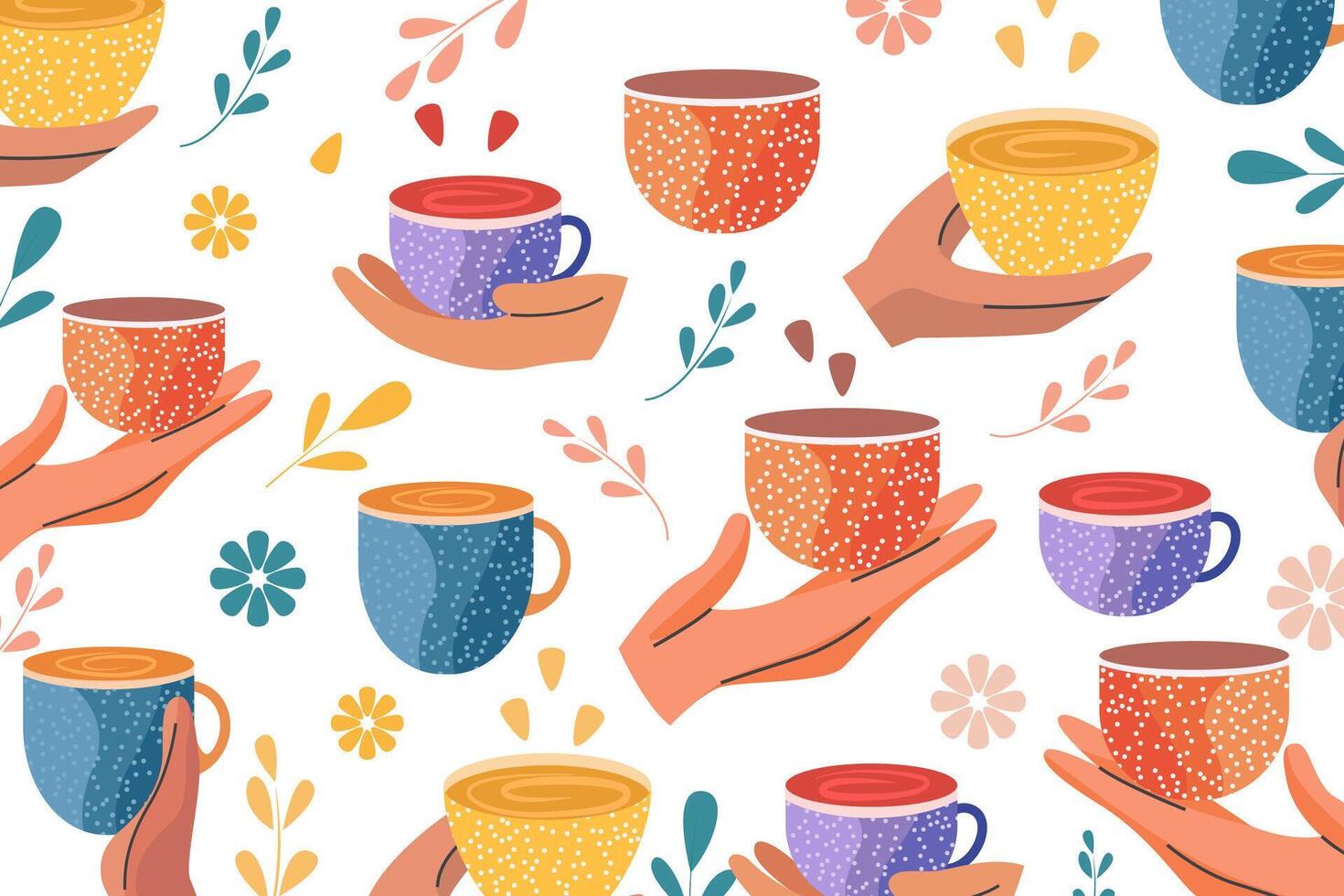 hands holding coffee cups, colorful glasses.Isolated on white vector