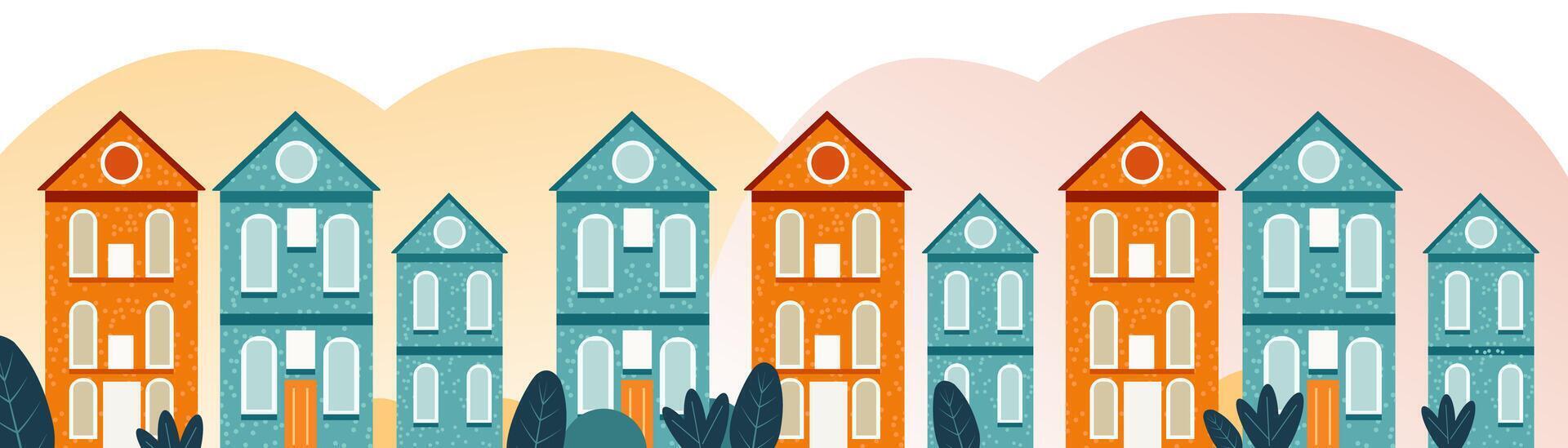 Beautiful cityscape, city buildings in Scandinavian style. Cosy town panorama with home exteriors. Flat illustration isolated vector