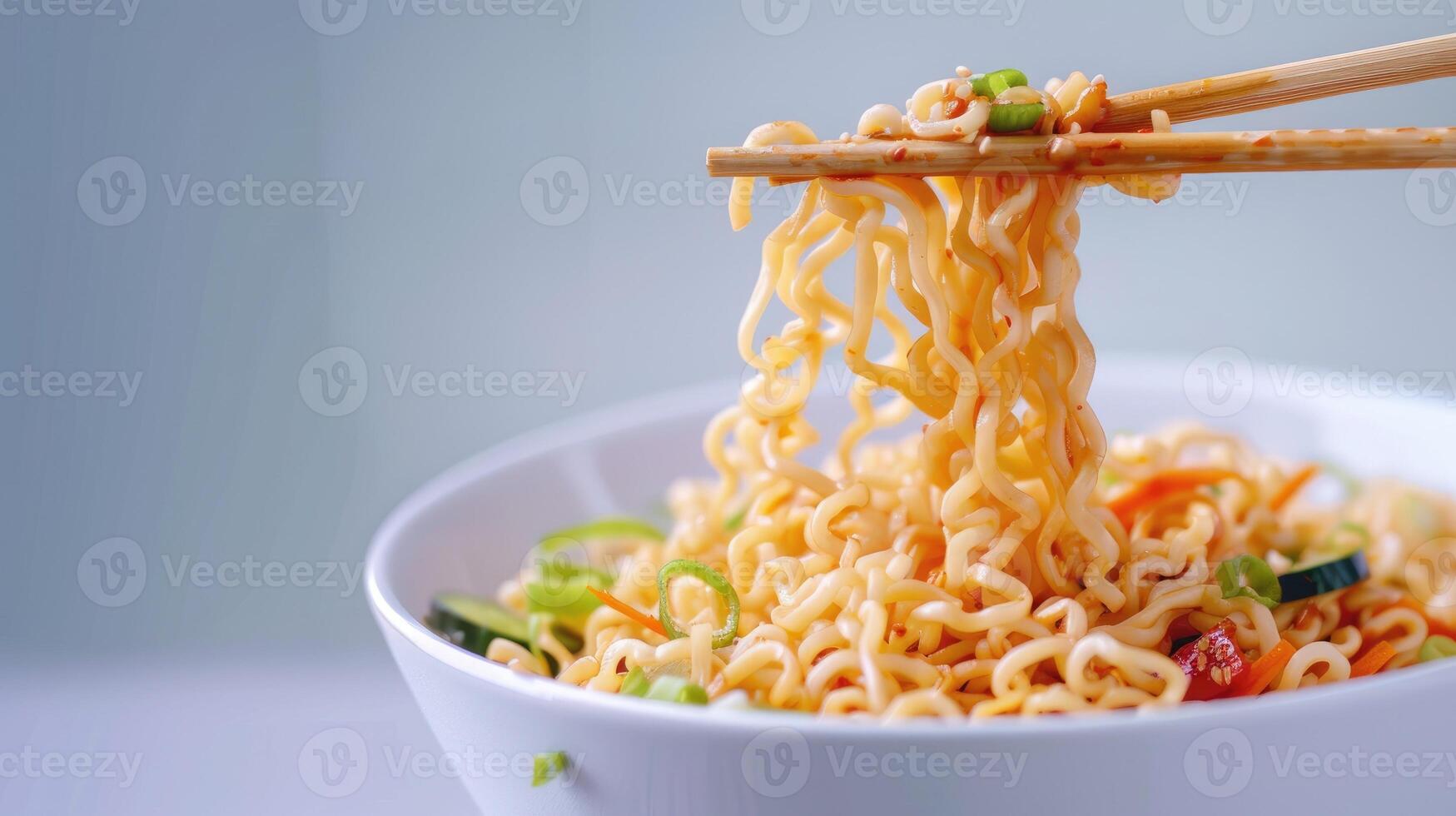 Cooked instant noodles sprinkled with spices, vegetables, herbs. photo