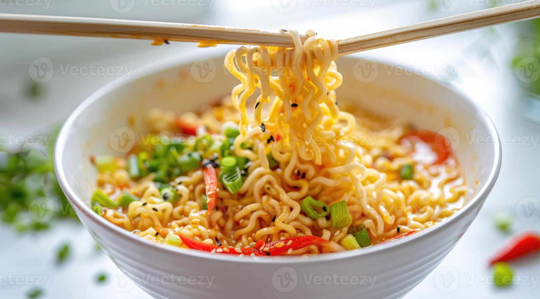 Cooked instant noodles sprinkled with spices, vegetables, herbs. photo